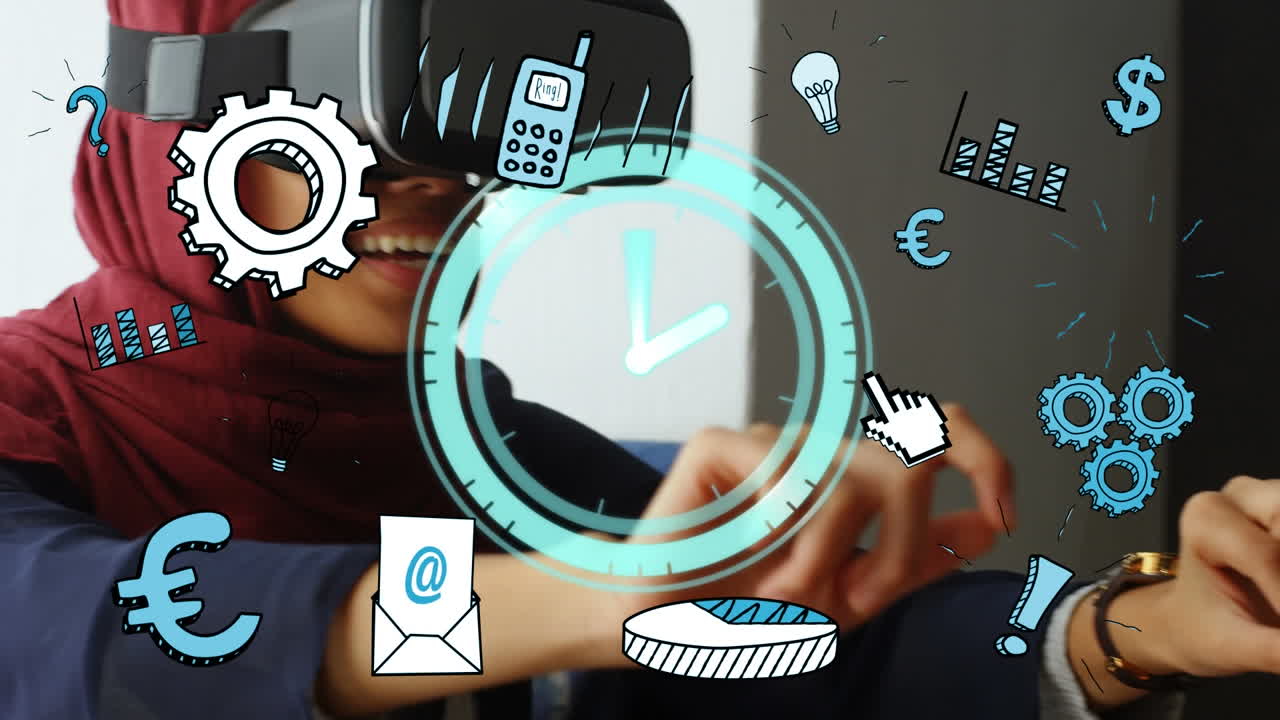Animation of clock moving fast and icons over businesswoman wearing vr headset