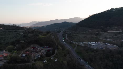 Aerial-of-busy-highway-in-rustic-Italian-countryside