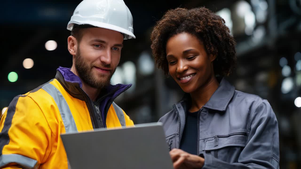 Colleagues Collaborating in a Modern Industrial Environment, Engaged in Productive Discussion While Reviewing Data on a Laptop Screen, Demonstrating Teamwork and Communication Skills in the Workplace