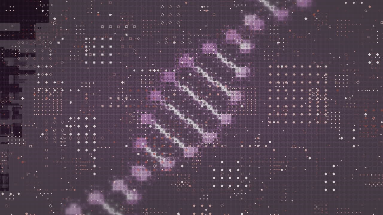 animación digital de la estructura del adn girando sobre el diseño del patrón de puntos contra un fondo púrpura