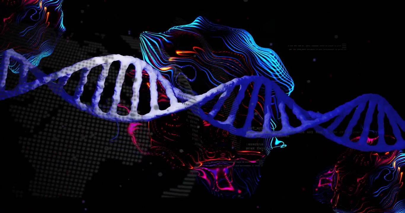 On data pulse DNA helix shifting, rotating and undulating visualizing genomic patterns with neon