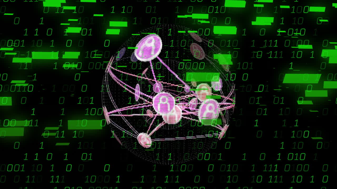 사람 아이콘과 연결된 지구의 애니메이션, 바이너리 코딩을 통해 디지털 데이터 처리