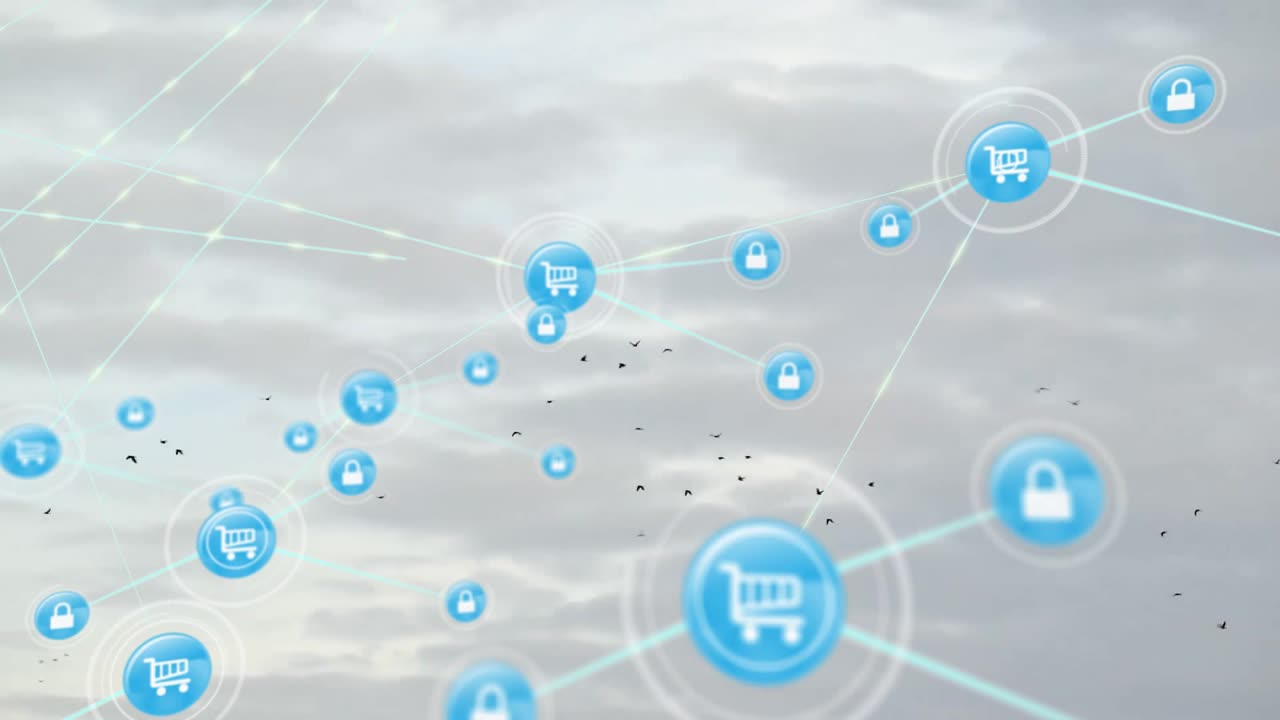 曇り空を背景に線で繋がれたアイコンのアニメーション