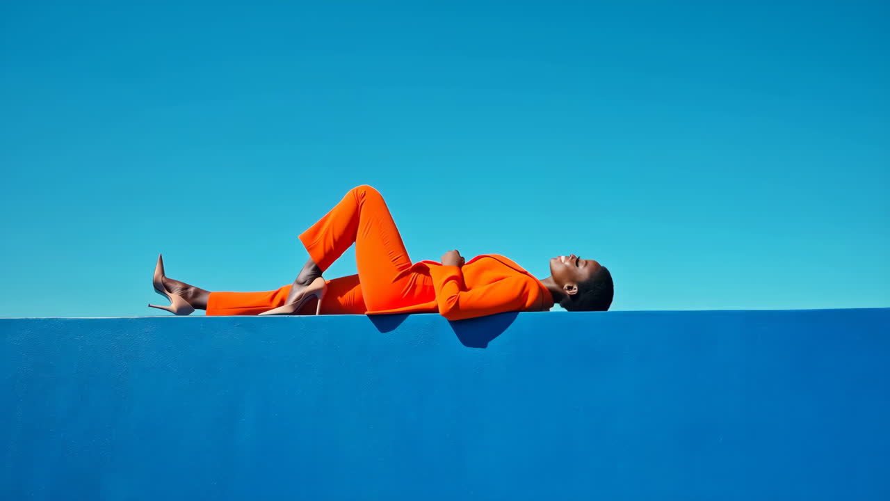 Stylish Woman in Orange Suit Against Blue Background