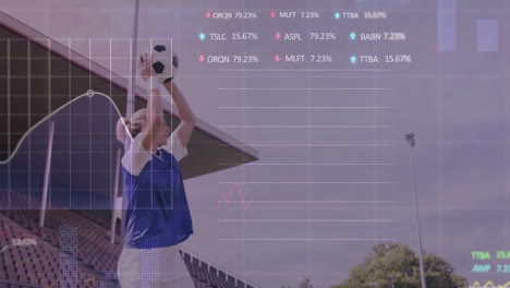 animación del procesamiento de datos financieros sobre una jugadora de fútbol caucásica en el campo