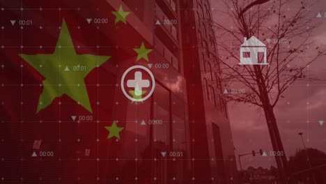 animación de la bandera de china y procesamiento de datos sobre el paisaje urbano