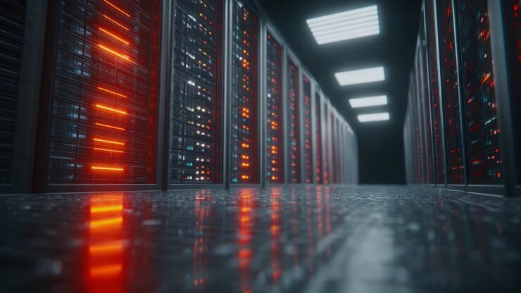 A Futuristic Data Center Corridor Filled with Rows of High-Tech Servers, Illuminated with Glowing Red and Orange Lights Reflecting Off the Floor