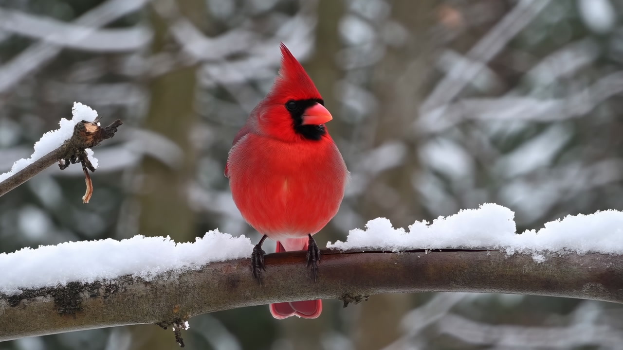 Bright Red Cardinal On Snowy Branch, Male Northern Cardinal Perches And Fluffs Feathers, Tilts Head And Calls