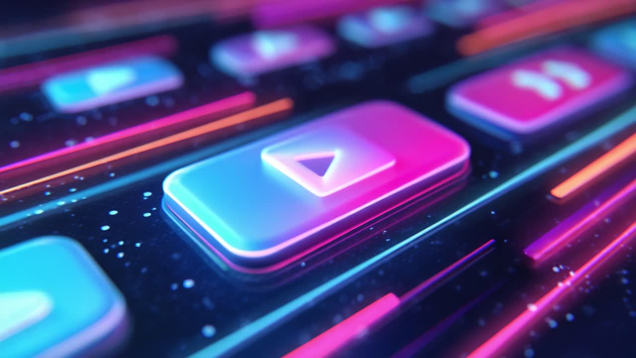 Dynamic Visual Representation of Multimedia Controls Featuring Play Buttons in Vibrant Neon Colors on a Futuristic Background with Glowing Effects