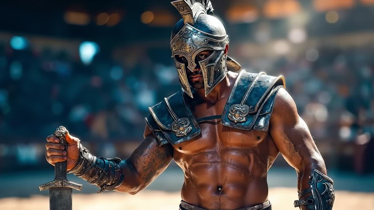 A man in a spartan costume holding a sword in front of a crowd