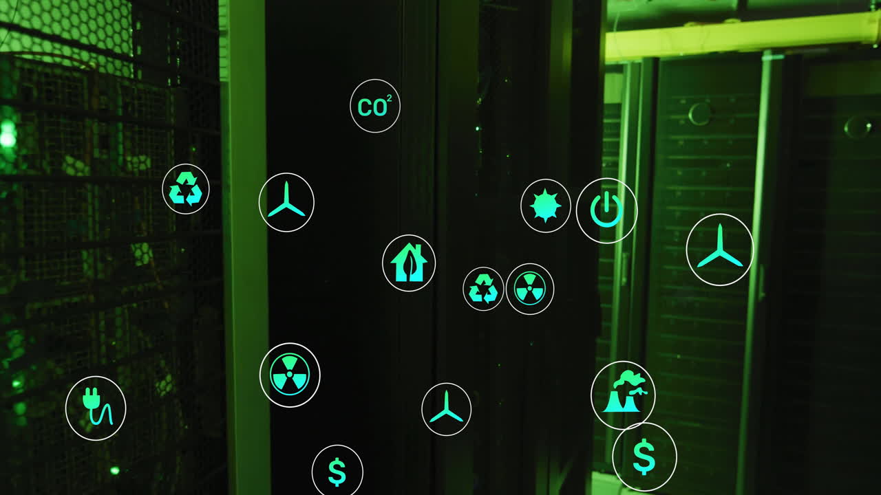 animación de iconos ecológicos y procesamiento de datos a través de servidores informáticos.
