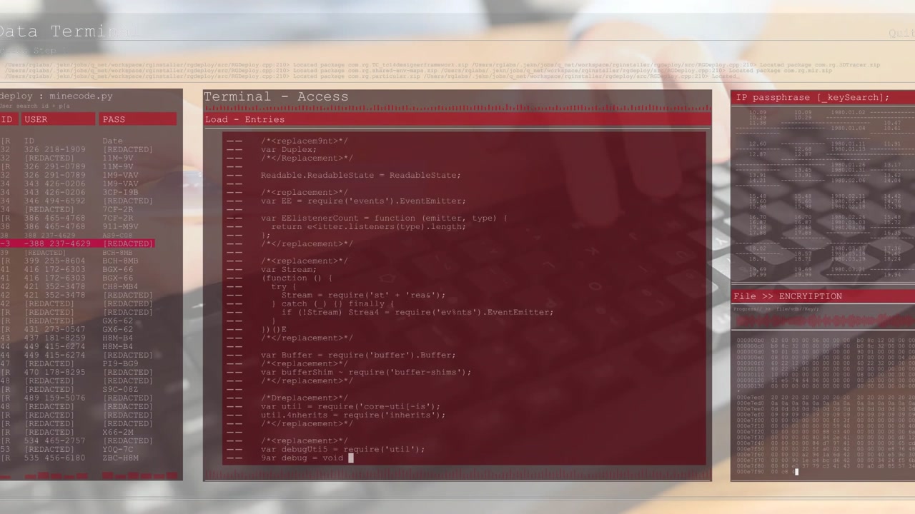 Opening shot on hands holding credit card typing details showing terminal executing encryption code