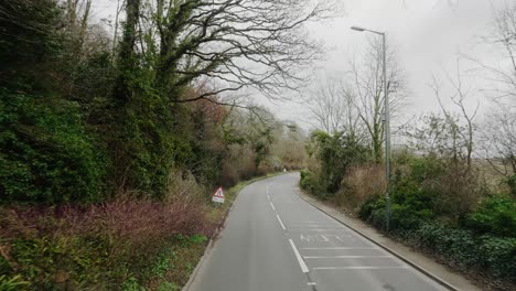 Fahren-Sie-Eine-Einsame-Straße-Von-Der-Spitze-Eines-Busses-In-Einer-Waldumgebung-Aus