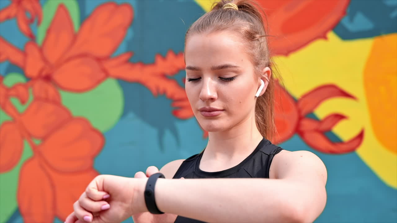 Young blonde woman at outdoors training in sportswear is on her fitness bracelet, earphones, multicolored background. Slow motion