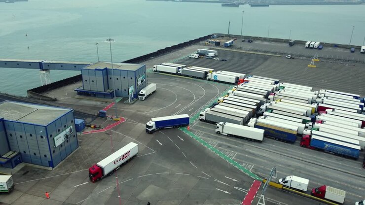 Port with Trucks and Cargo