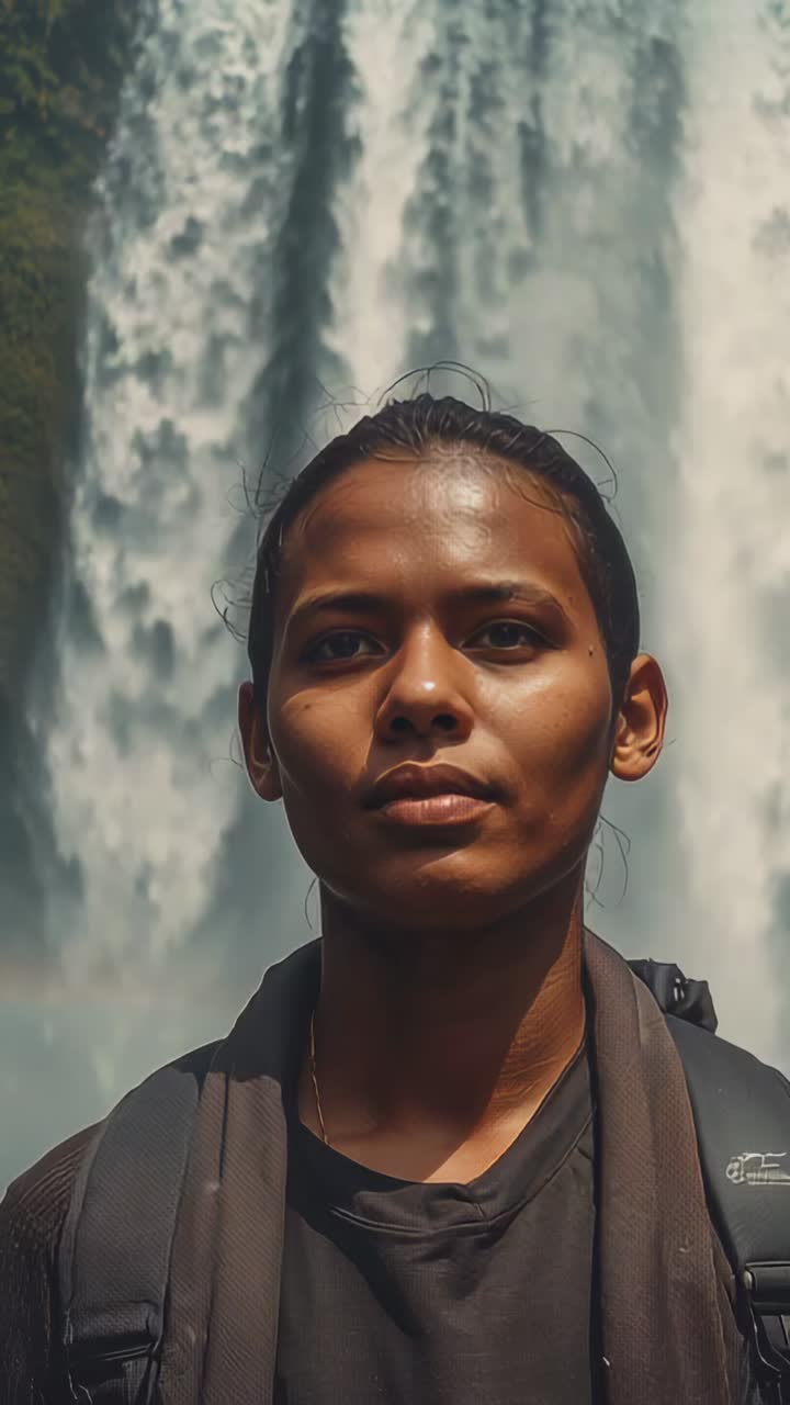 Vertical video: Reacting to camera rolling, woman adjusting gaze and chin at waterfall, scarf, pack