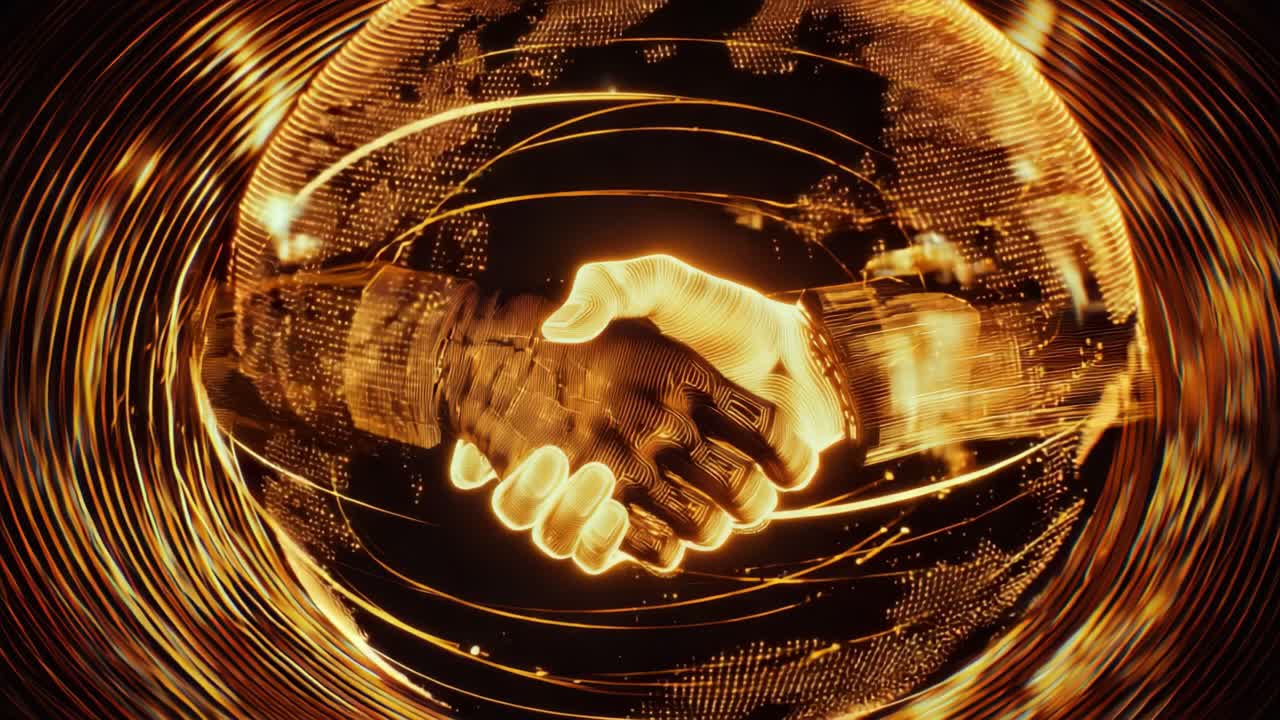 Businessmen shaking hands in a digital golden representation of a global agreement, symbolizing international partnership, technology, and success with a spinning Earth and light trails