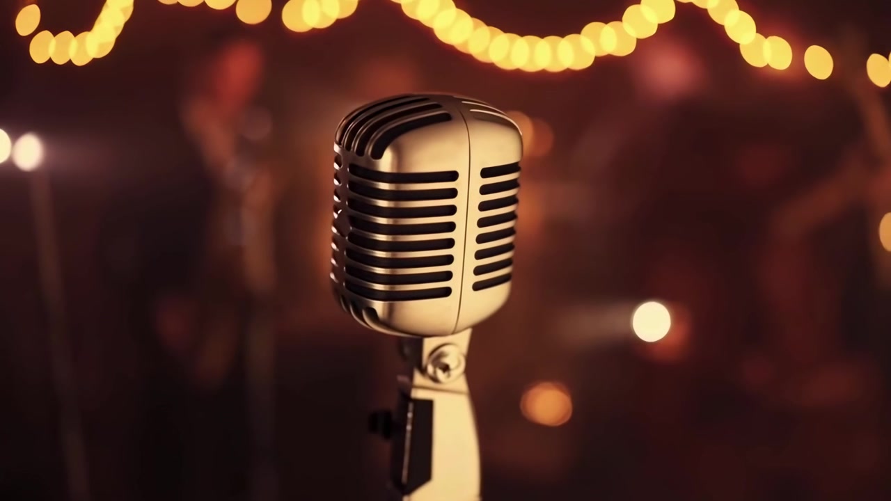 Microfono Vintage sul Palco con Musicisti Sfocati e Luci a Stringa