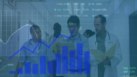 Animación-Del-Procesamiento-De-Datos-Y-Diagramas-Sobre-Diversos-Médicos-Hablando-En-El-Hospital