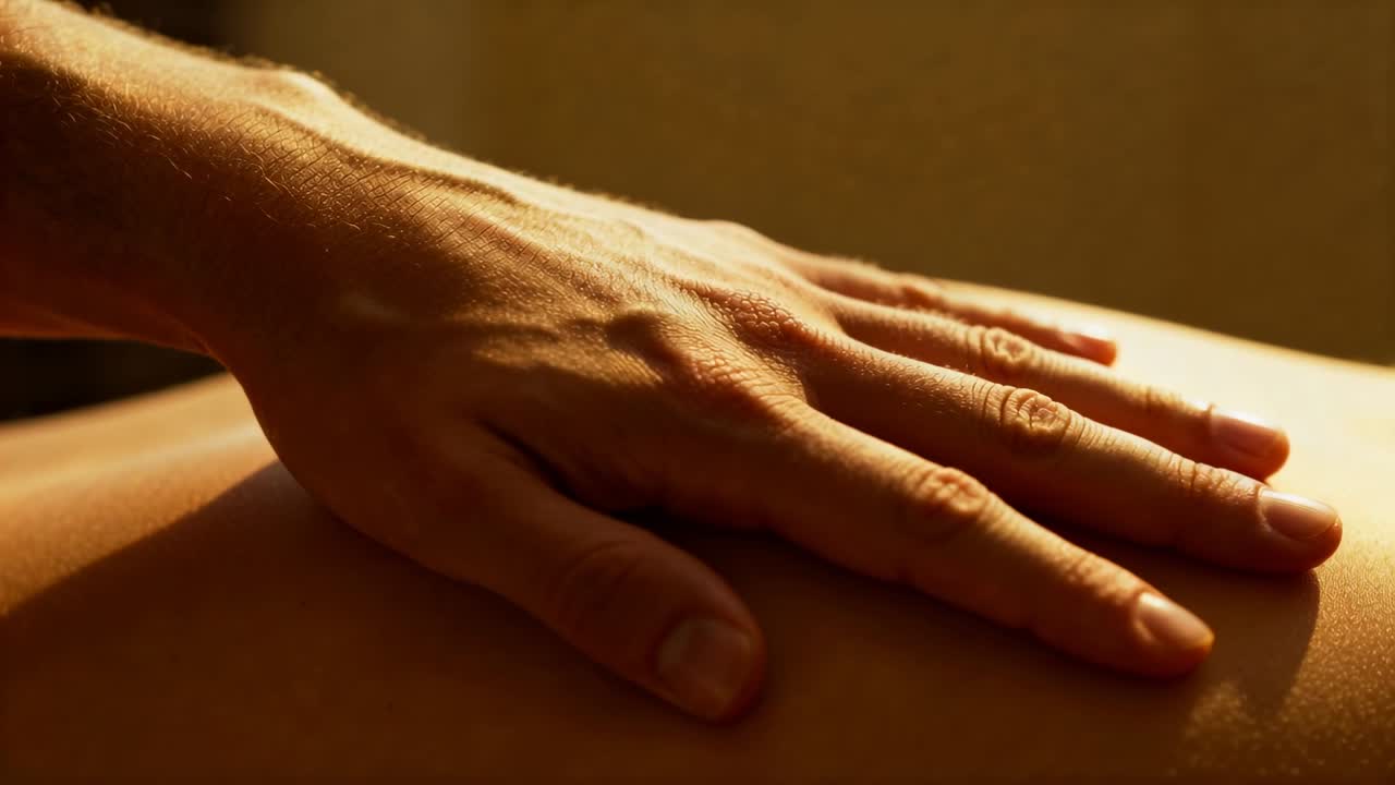 Sessione che inizia, mano del terapista che scivola sulla schiena nuda del paziente in una stanza di terapia per sollievo, con olio.