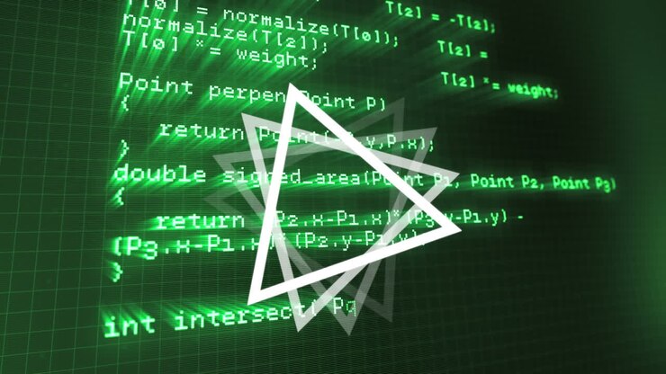 Animation of rotating triangles over data processing in green and black space