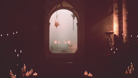 dark and mysterious castle entrance with candles and fog