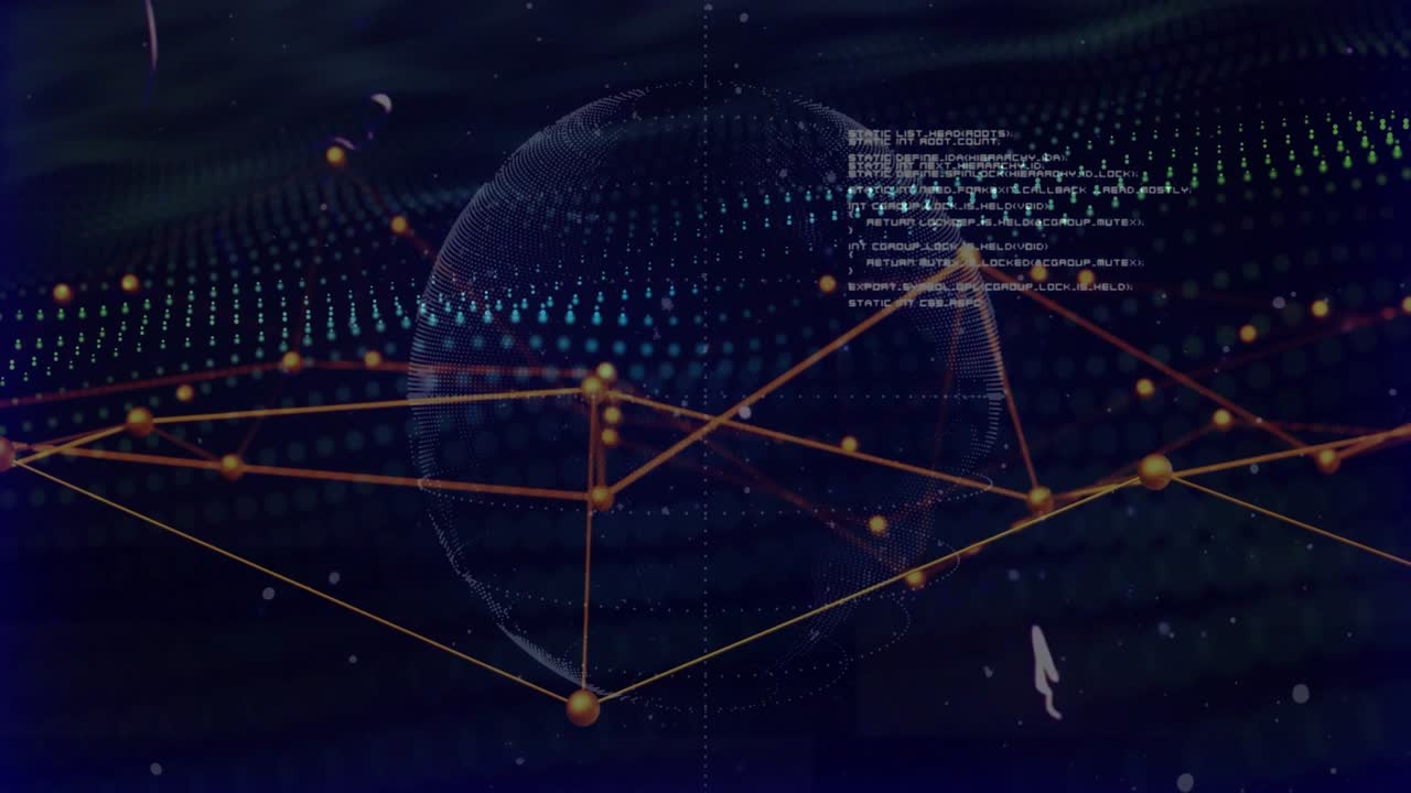 Mesh rotating, revealing dotted sphere and orange-node network, visualizing data flow and dynamics