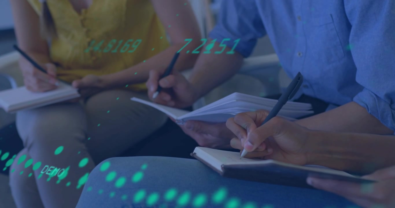 Three colleagues tapping notebooks with pens activating wave over pages showing business metrics