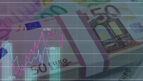 animation of financial data processing over euro banknotes