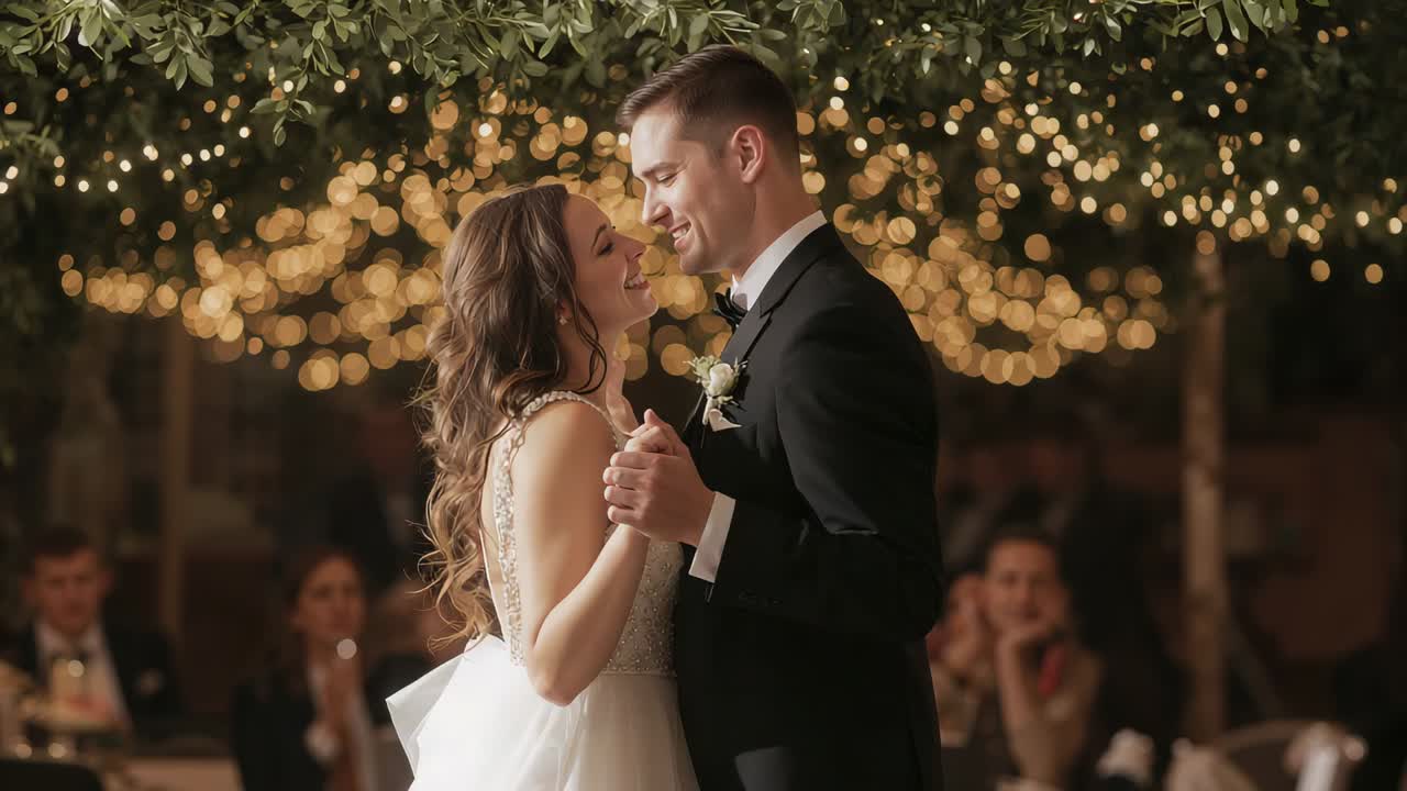 Meeting in middle bride and groom in white gown and tuxedo, dancing for guests under string-lights