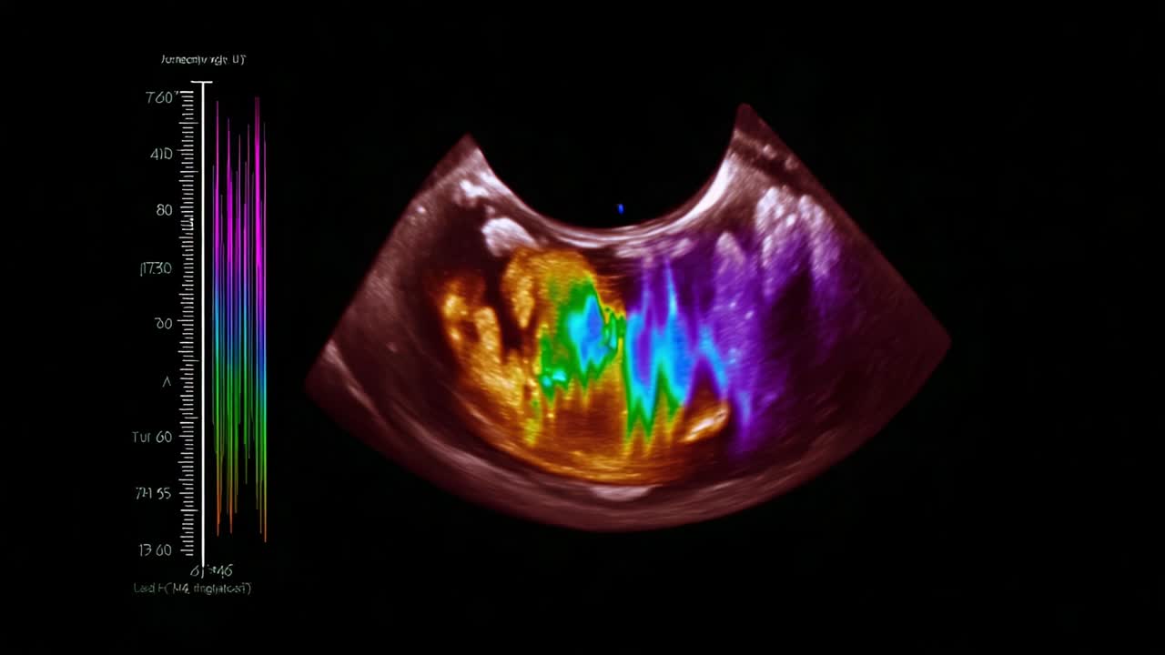 Intricate Visualization of Cardiac Function in Contrast Imaging: Dynamic Color Mapping Highlights Vibrant Motion and Flow Patterns in a Cardiac Ultrasound, Showcasing Critical Data for Medical Analysis
