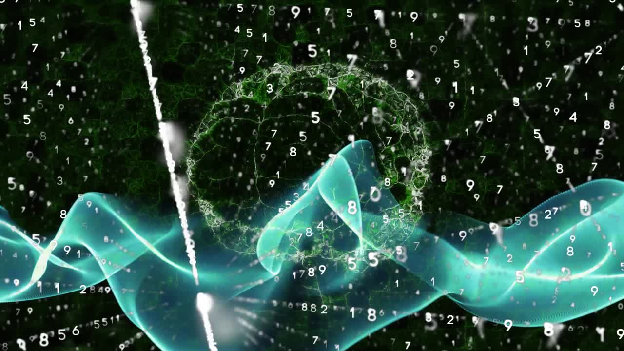 회전하는 인간 뇌의 애니메이션, 빛의 흔적과 검은색의 수치 데이터 처리