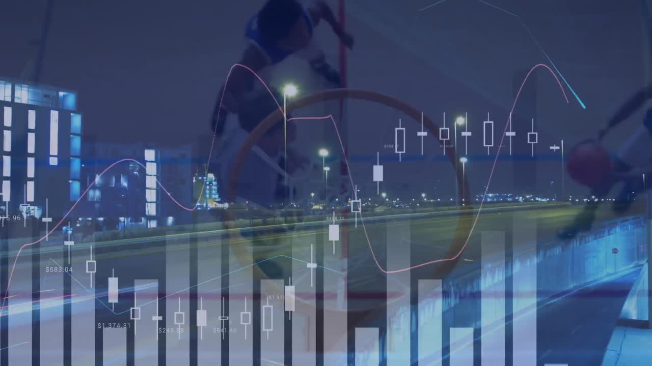 다양한 농구 선수와 도시 풍경에 대한 금융 데이터 처리 애니메이션