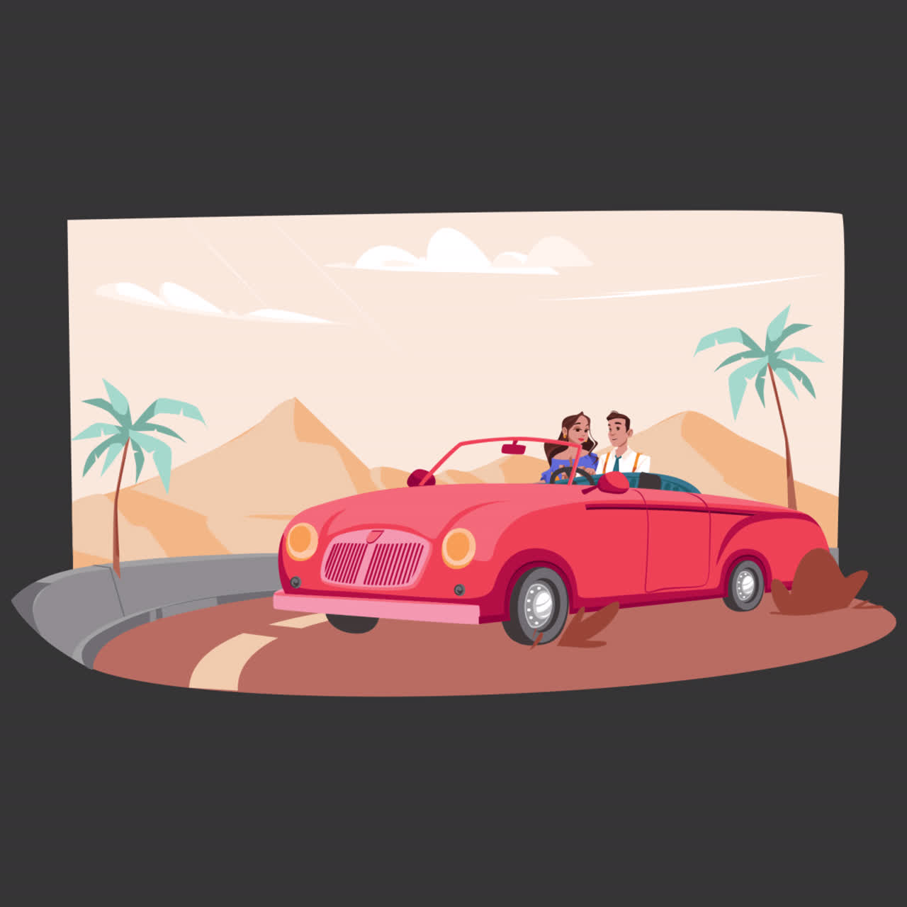 Animated Couple Driving Red Convertible Car Through Desert Landscape ...
