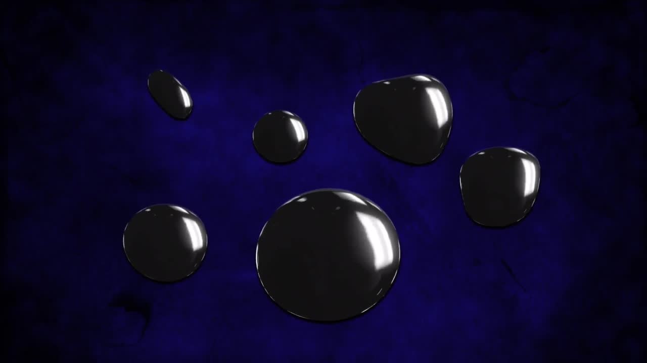 Digital animation of multiple black water drops against textured blue background