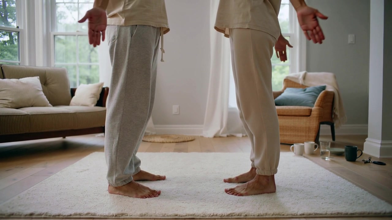 Feet planted, casual couple barefoot shifting weight and hands holding facing stance on rug, mugs