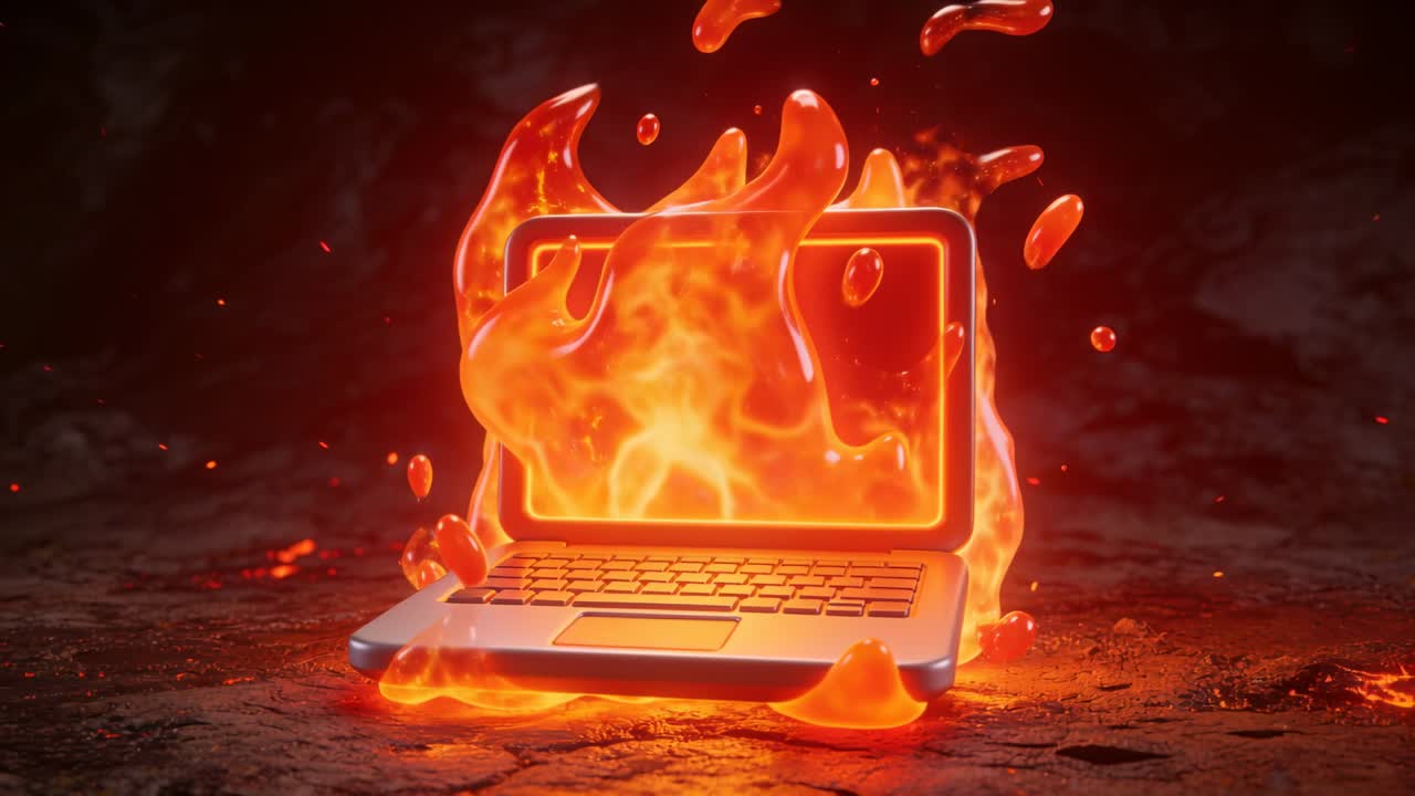 Laptop sitting on cavern floor, screen igniting and spitting molten drops and flames for tech demo