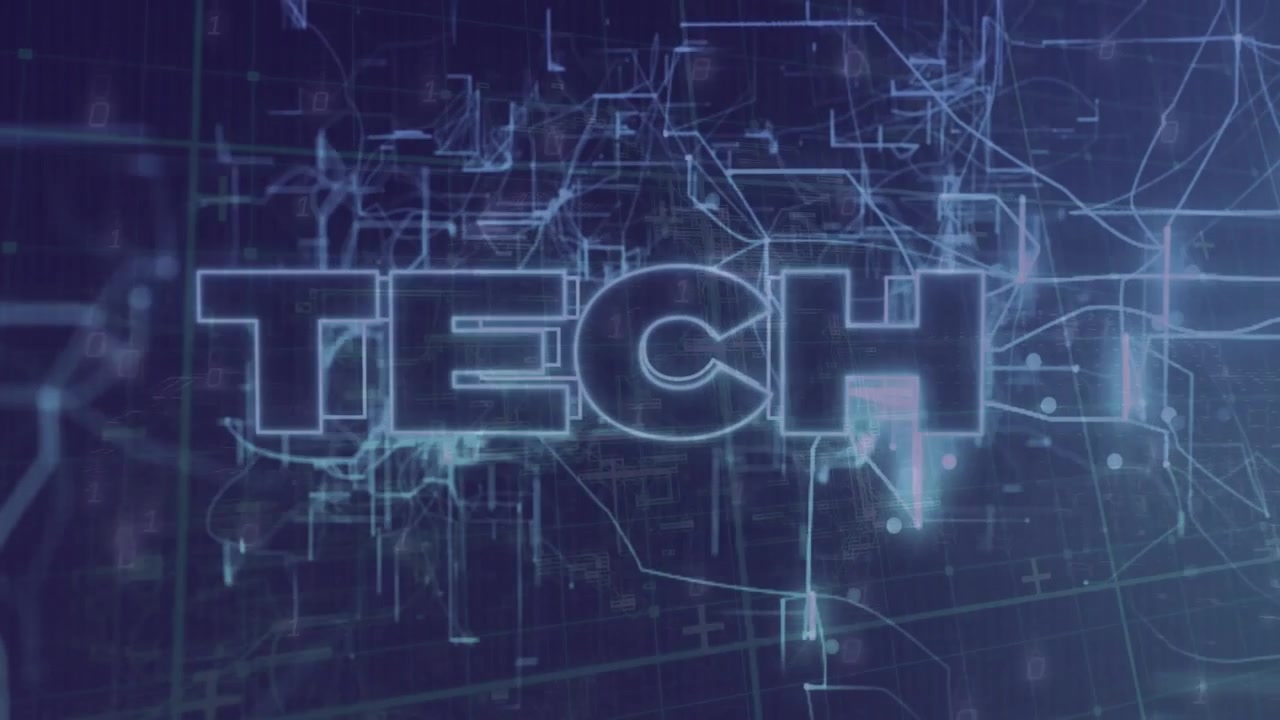 Subtle light pulses traveling along circuitry causing neon lines flickering, shaping glowing TECH