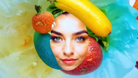 mujer con frutas y verduras en la cara