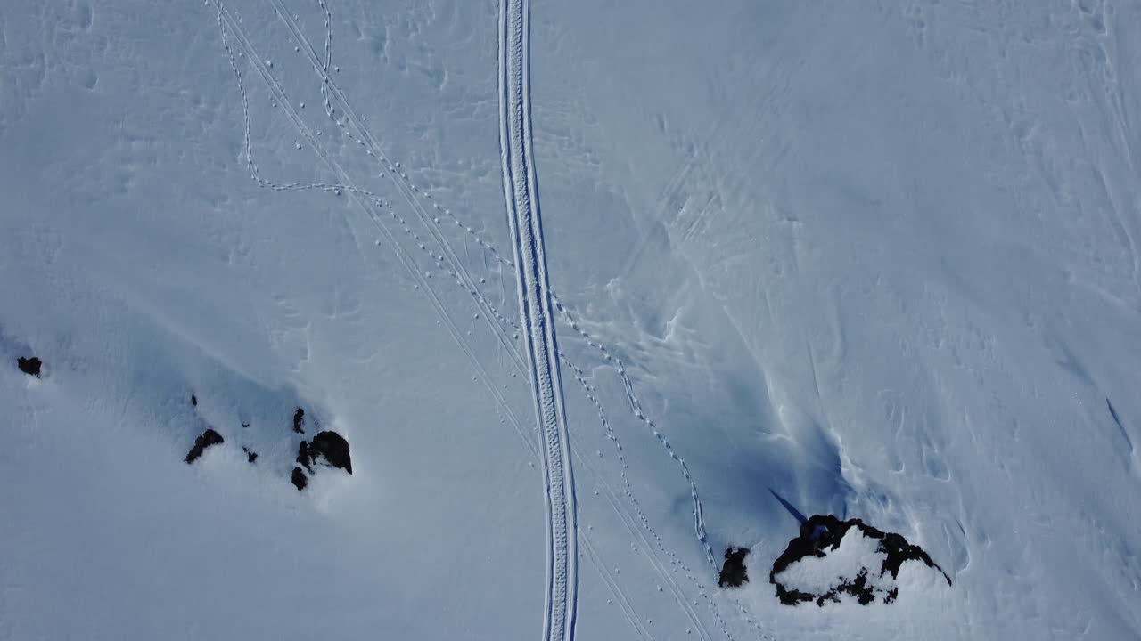 vista aérea de arriba hacia abajo de pistas de trineo y huellas en la nieve