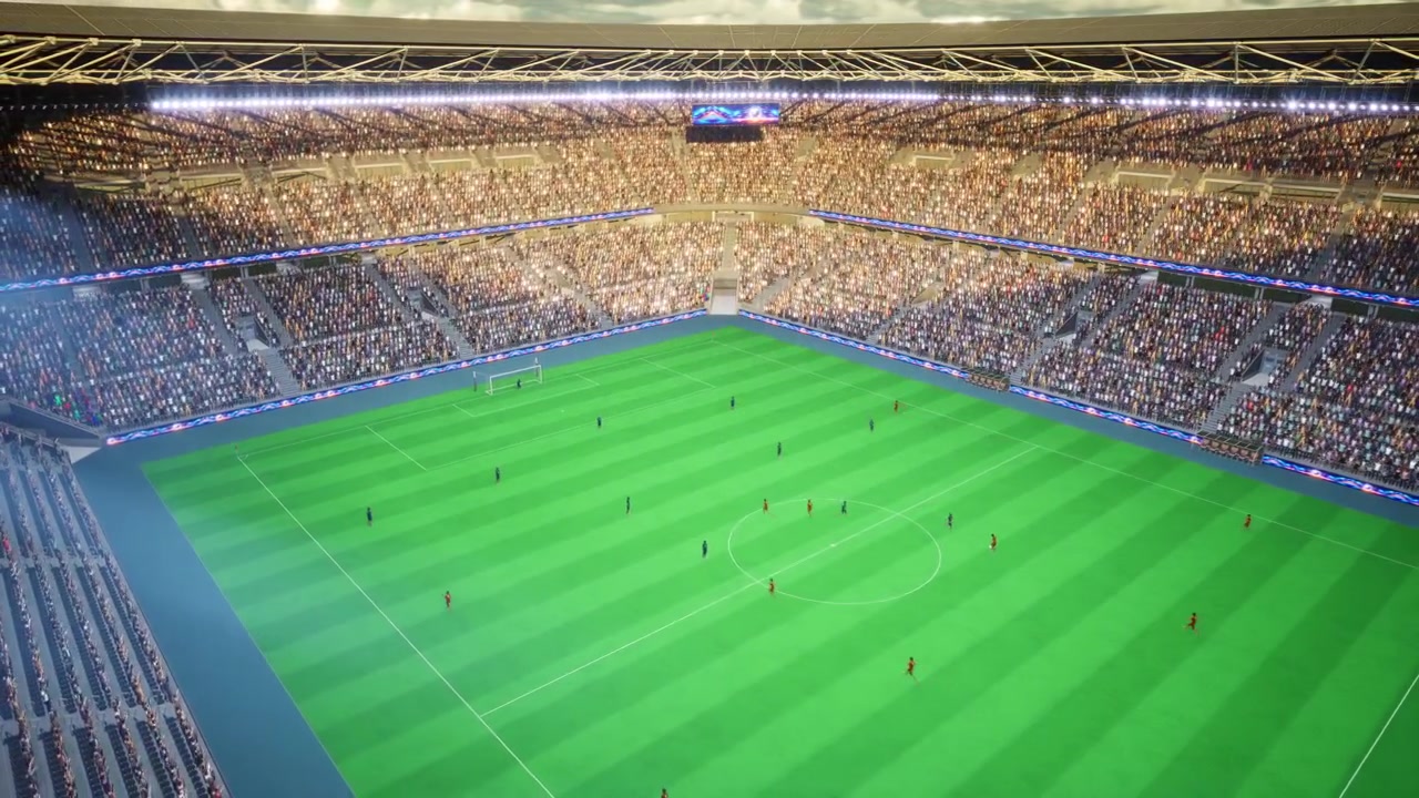 Giocatori di calcio renderizzati in 3D che corrono sul campo dello stadio durante una partita giocata al tramonto