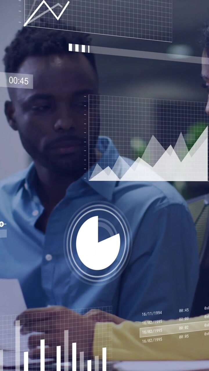 Animation of data processing over diverse business people in office