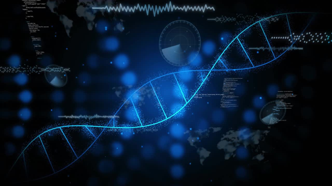 Glowing blue DNA helix stretching across dark interface, showing code blocks and world map outlines