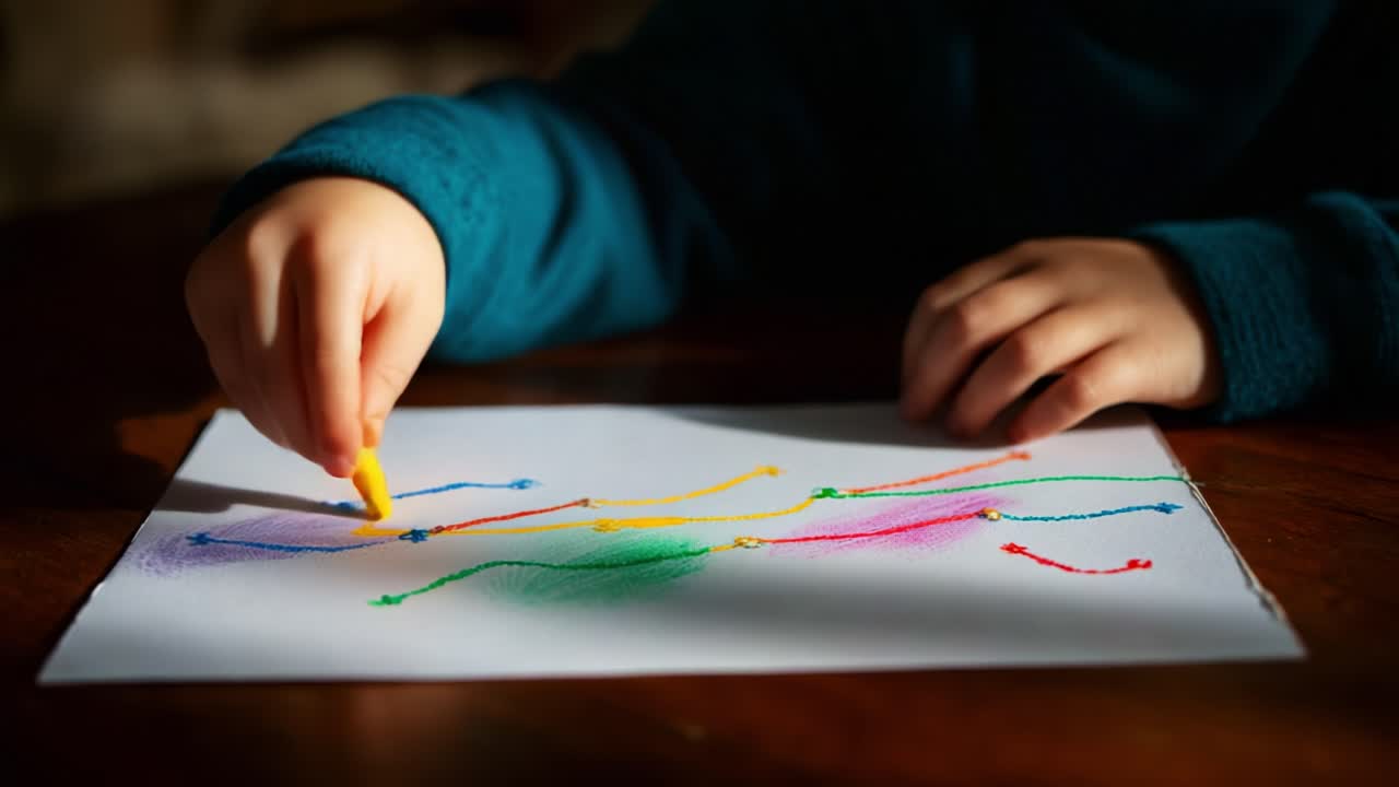 A Delightful Exploration of Creativity: A Child's Hand Engages in Colorful Drawing with Crayons, Bringing Imagination to Life on Paper Through Bright Swirls and Doodles