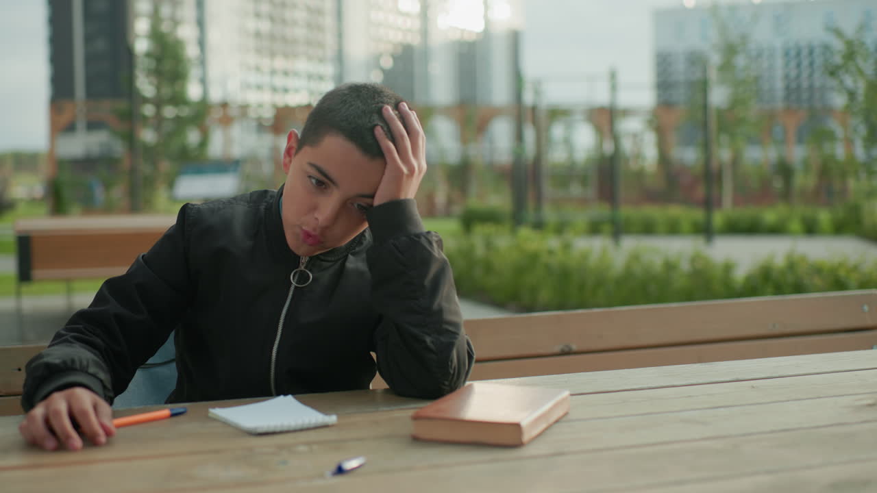 Teen sitting outdoors angrily slams pen on wooden table beside notebook and book, showing frustration and stress during study session, placing head on hand with emotional expression in natural light