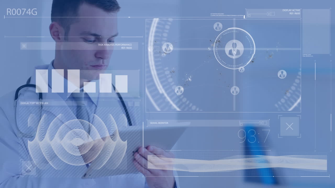 Animation of data processing over caucasian male doctor