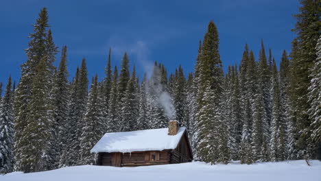 cozy log cabin in a snowy winter forest with smoke from chimney