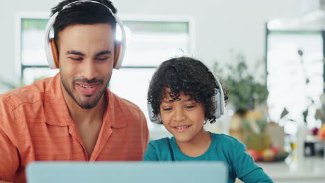 father, child and laptop with headphones for home