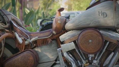 beautiful customized motorcycle with leather and fur details medium shot