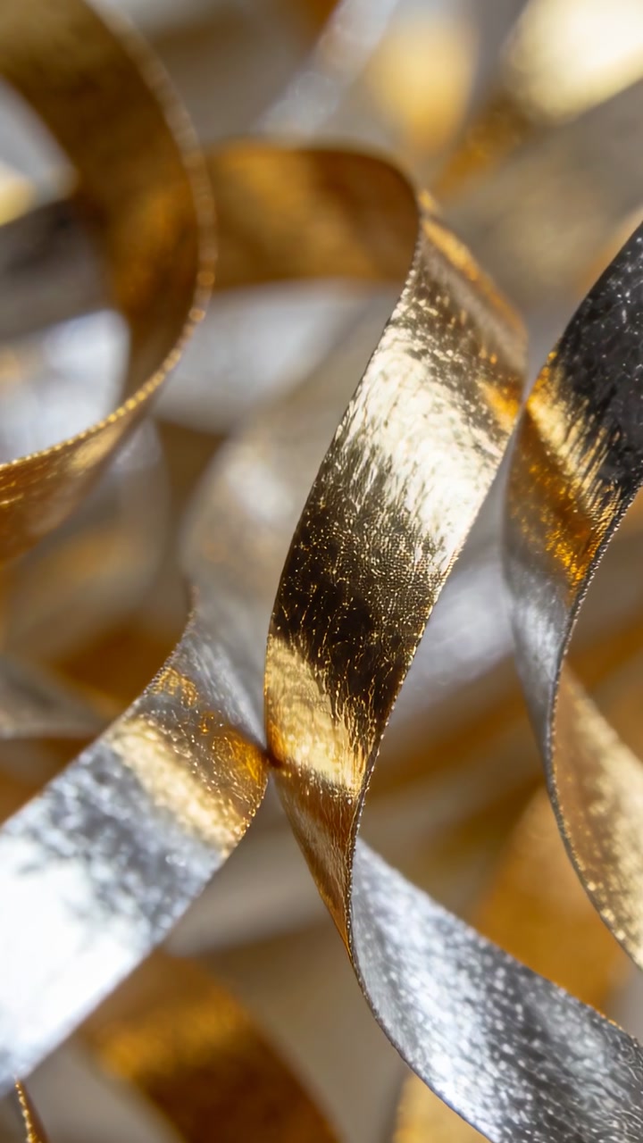 Vertical video: Shining gold silver ribbons shifting under warm light on table, showing highlights